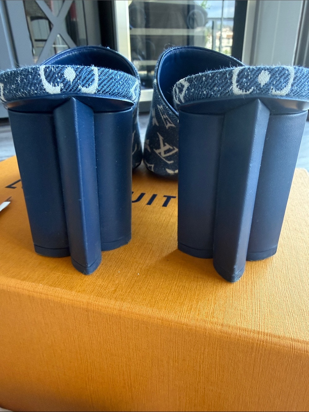 Louis Vuitton Denim Monogram Peep-Toe Mule Sandals in Blue - Picture 2 of 4